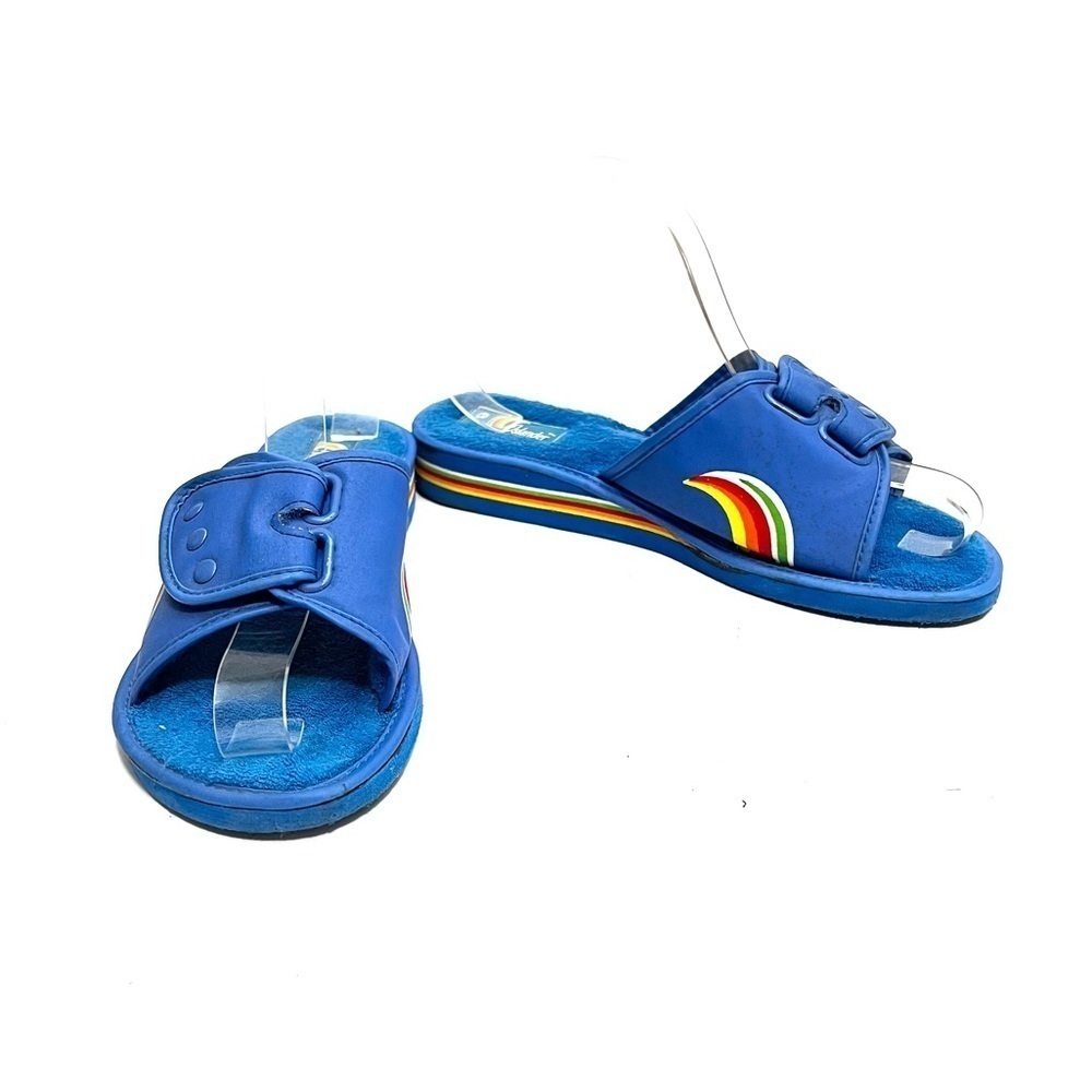 Vintage 1970s blue nylon and terry cloth foam wedge Velcro slide style sandals - Picture 4 of 8